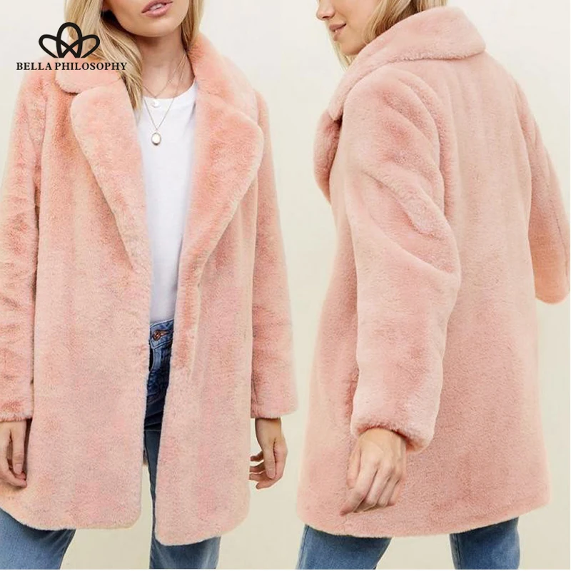 Bella Philosophy Winter 2018 Plus Size Women Pink Fur Women Coat Thick Female Coat Winter Warm Solid Women\'S Coats Jacket