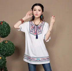 2021 New Women Blue White Vintage Mexican Ethnic Floral Embroidered Blouses Half Sleeve O-neck Feminino Cotton Tops