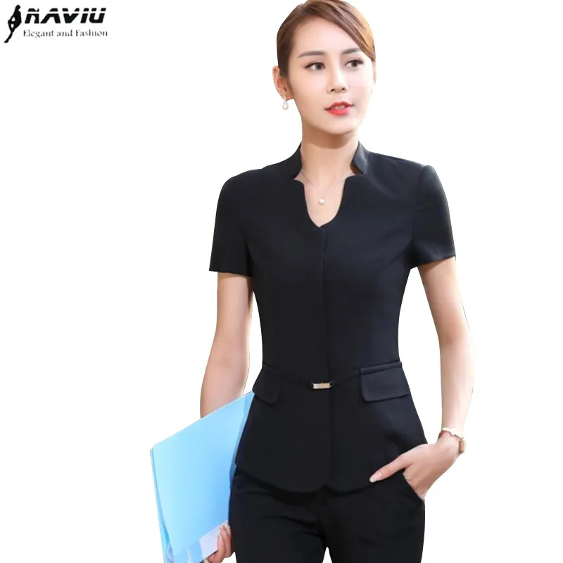 Summer Fashion Business Women Pant Suit Formal Slim Short Sleeve V Neck Blazer and Trousers Office Ladies Work Wear Uniform