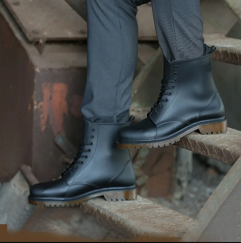 Botas de lluvia para Hombre, botines impermeables de PVC con cordones, color negro, estilo Chelsea