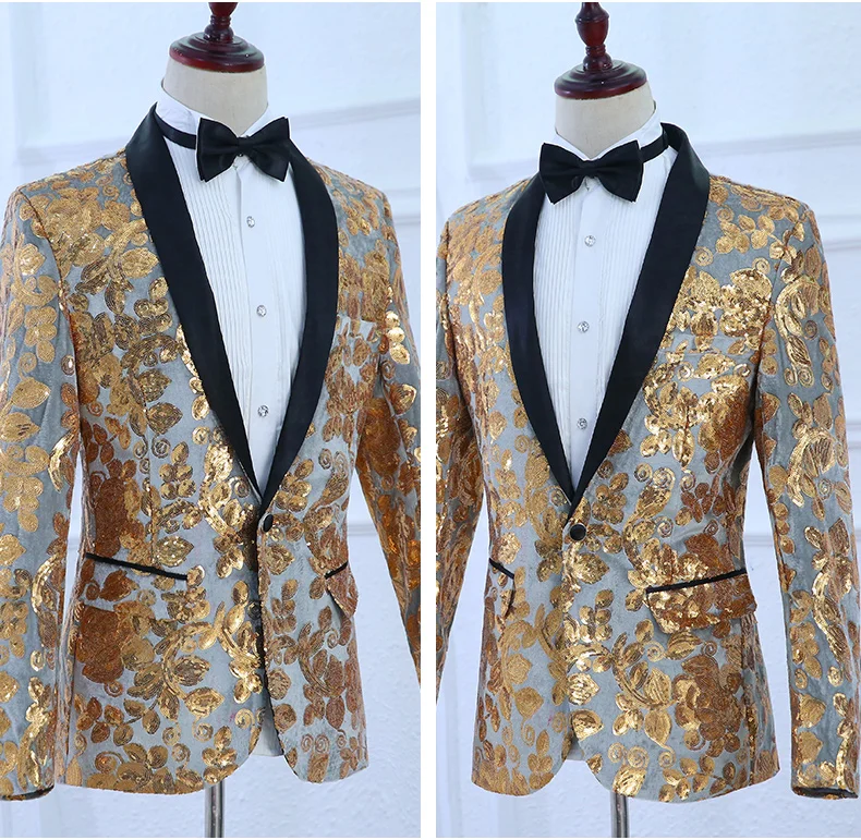 Free shipping mens black/grey golden embroidery sequined golden leaf tuxedo jacket/stage performance jaceket with pants