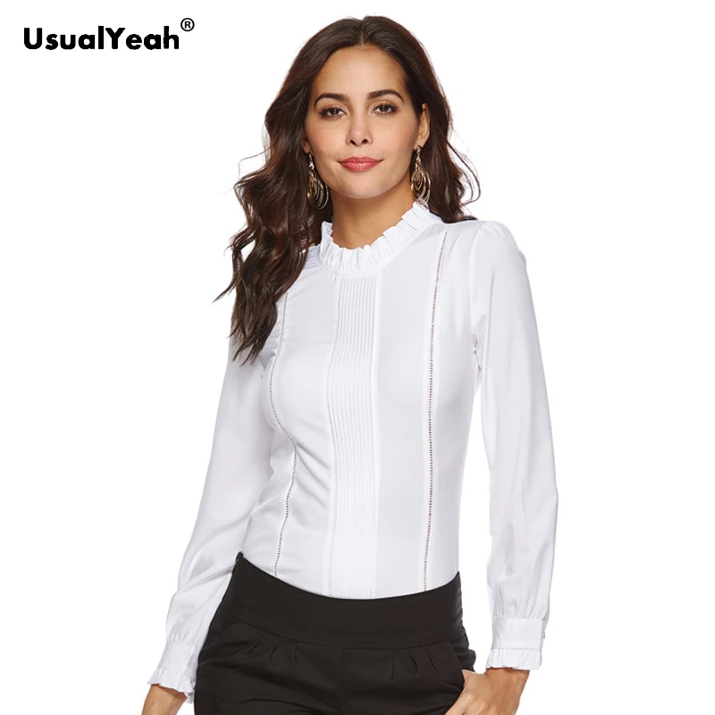 UsualYeah Autumn Frilled Collar White Shirt  Long Sleeve Pleated Body Shirt Elegant Top Slim Zipper Up Office Ladies Bodysuit