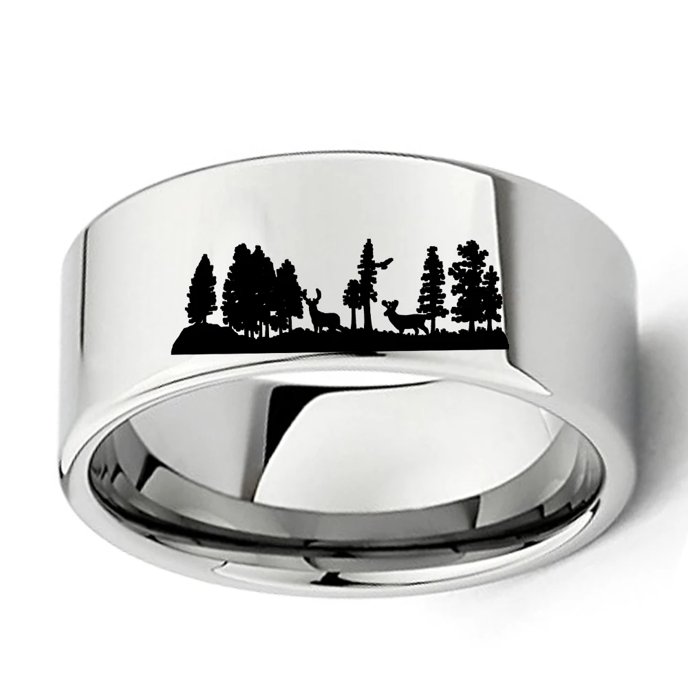 Animal Landscape Scene Deers Ring Engraved Flat Polish Tungsten Carbide Ring 11mm Mens Outdoors Hunting Wedding Band