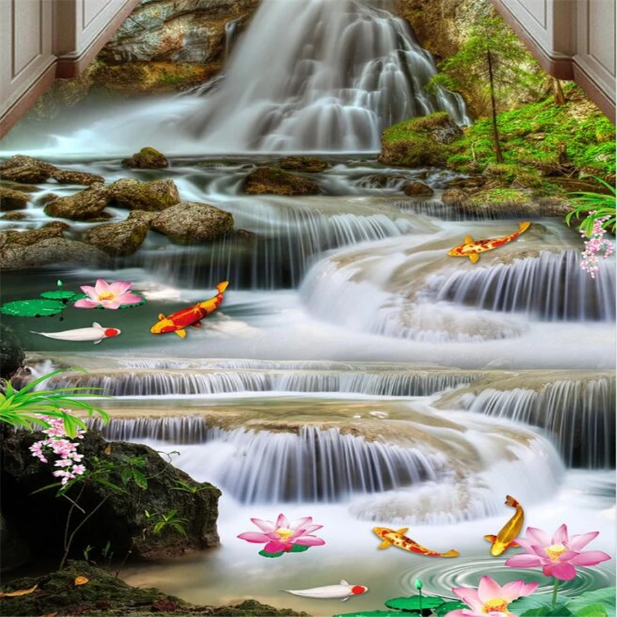 

beibehang Customized floor painting 3d flowing water and wealth lotus carp waterfall 3D three-dimensional painting floor tiles