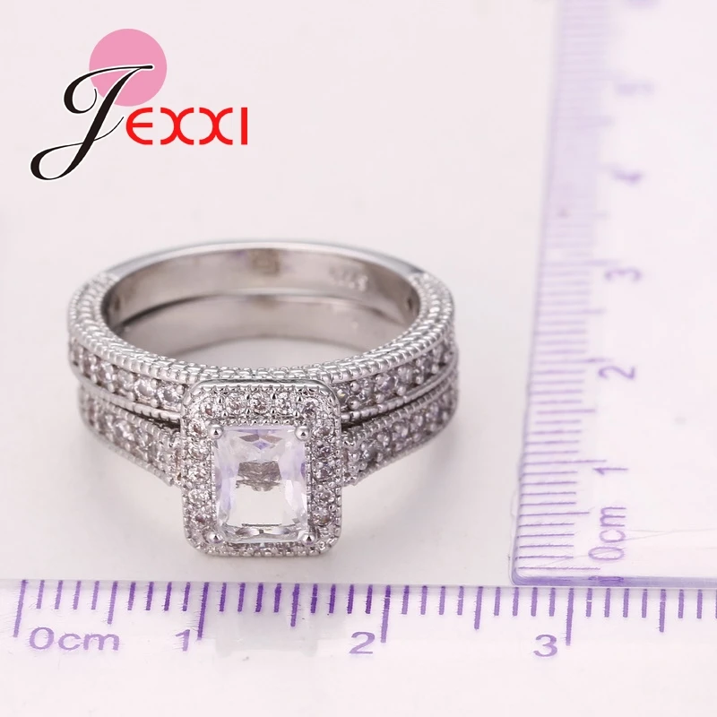 Hot Selling Fashion 2 Pcs 925 Silver  Square Cut White Cubic Zirconia Finger Rings Women Wedding Engagement Bijoux