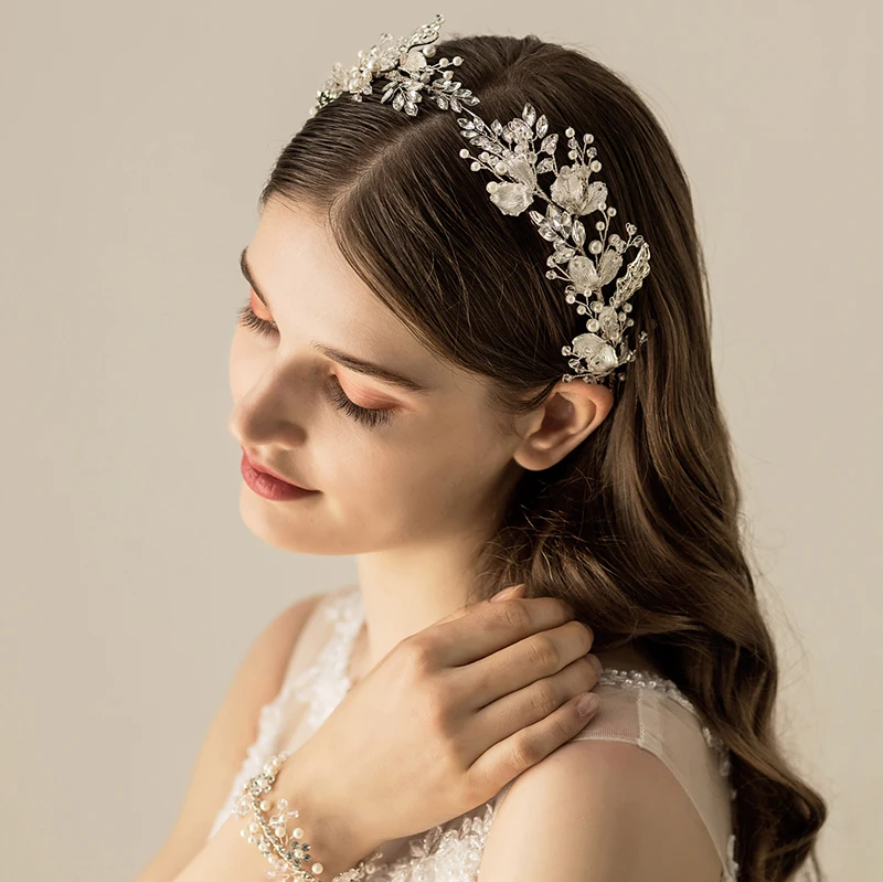 Jonnafe Silver Color Leaf Bridal Tiara Headband Women Prom Hair Crown Pearls Jewelry Crystal Wedding Headpiece Hair Acccessories