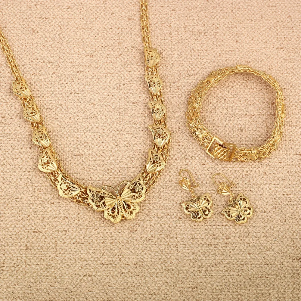 Ethiopian Wedding Jewelry Sets 24K Gold Color Butterfly Earring Bracelet Necklace Sets For Wedding Jewelry
