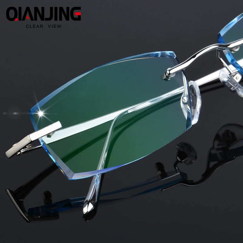 

QJ Luxury Rhinestone Reading Glasses Men Diamond Cutting Rimless Glasses High Clear Men's Gray Readers Presbyopic Eye Glasses