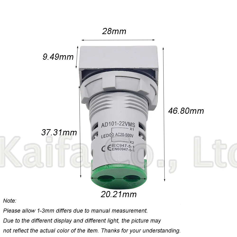22MM Measuring range AC 12-500V Voltmeter Square Panel LED Digital Voltage Meter Indicator Light Output voltage AC22-500V