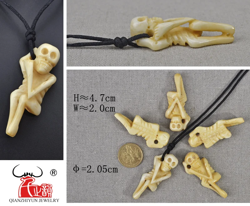 GX118 Handmade Carved Yak Bone skeleton Pendant Tibetan tribal ornaments Vintage yellow skull necklace for men