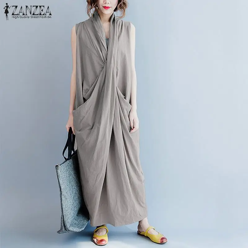 ZANZEA Oversize Asymmetrische Maxi Jurk Zomer 2025, vrouwen Zonnejurk Vrouwelijke V-hals Vestidos Vrouwelijke Baggy Feestjurk Gewaad femme