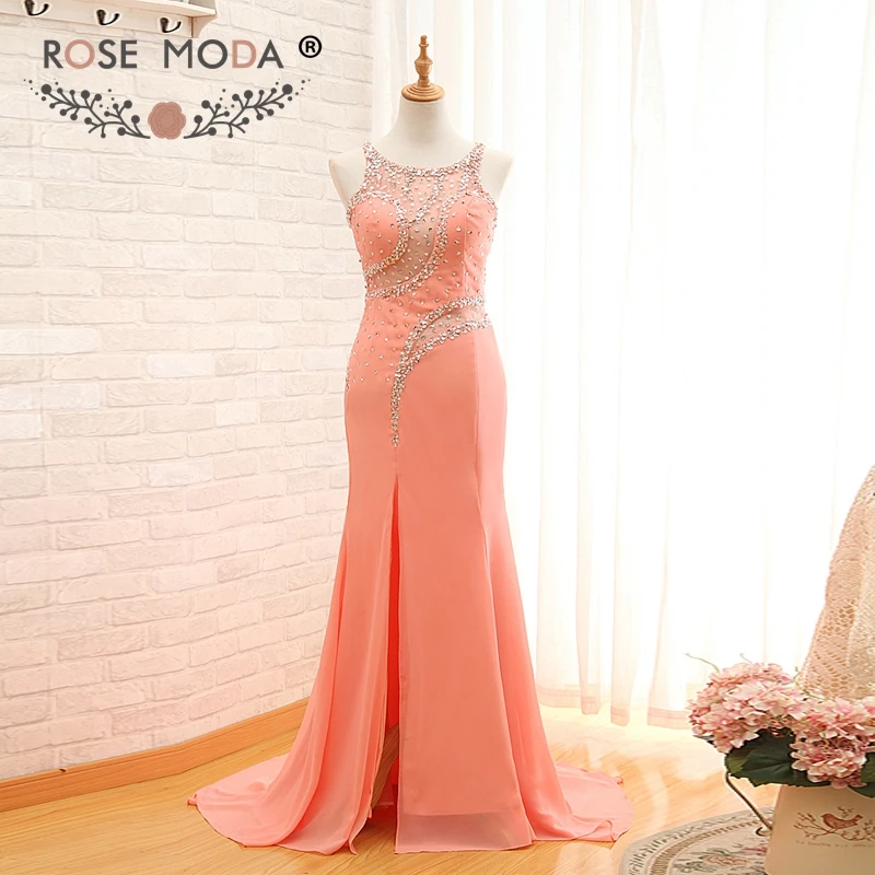 Rose Moda Real Photos Crystal Beaded Sexy Peach Evening Dress with Slit Floor Length