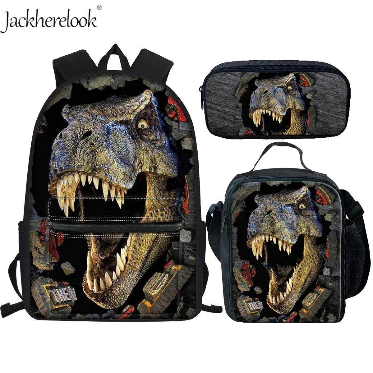 

Jackherelook Cool T-rex Dinosaur School Bags Set 3Pcs Large Canvas Backpack Teen Boys Students Book Bag with Lunch Box Pen Case