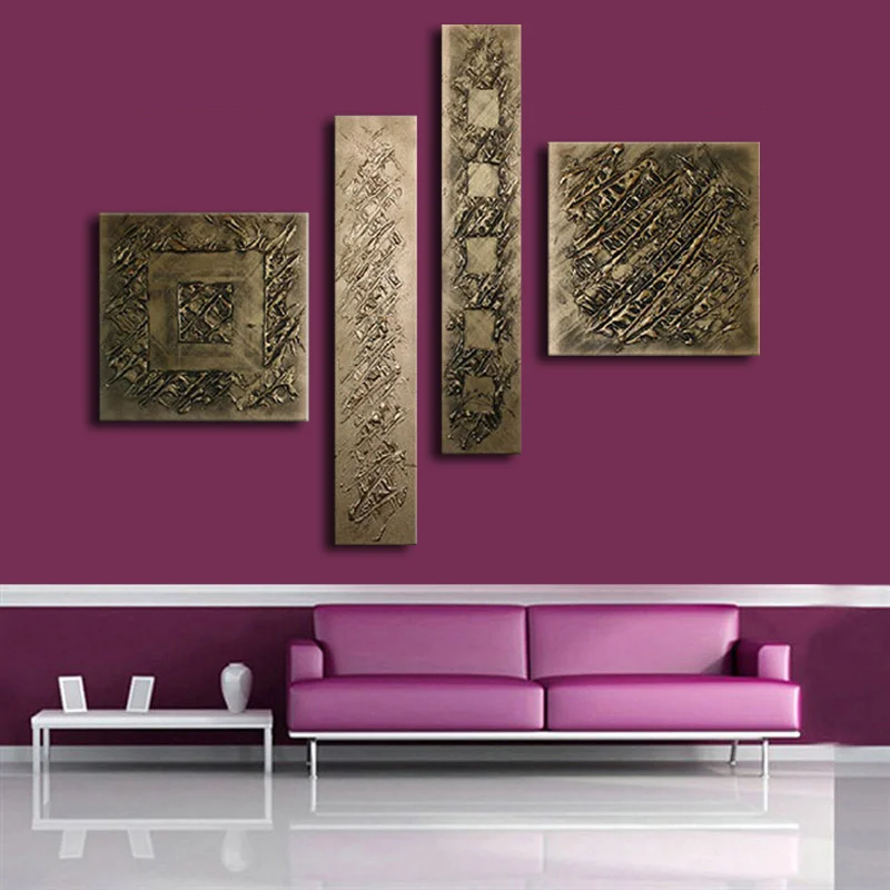 hand painted retro bronze modular paintings textured 4 piece canvas oil painting wall art pictures for living room decoration