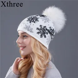 Xthree-Chapeau d'Hiver en Fourrure de Lapin pour Femme et Fille, en Vrai Vison, avec Pompons, Skullies, Bonnet de Neige de Noël