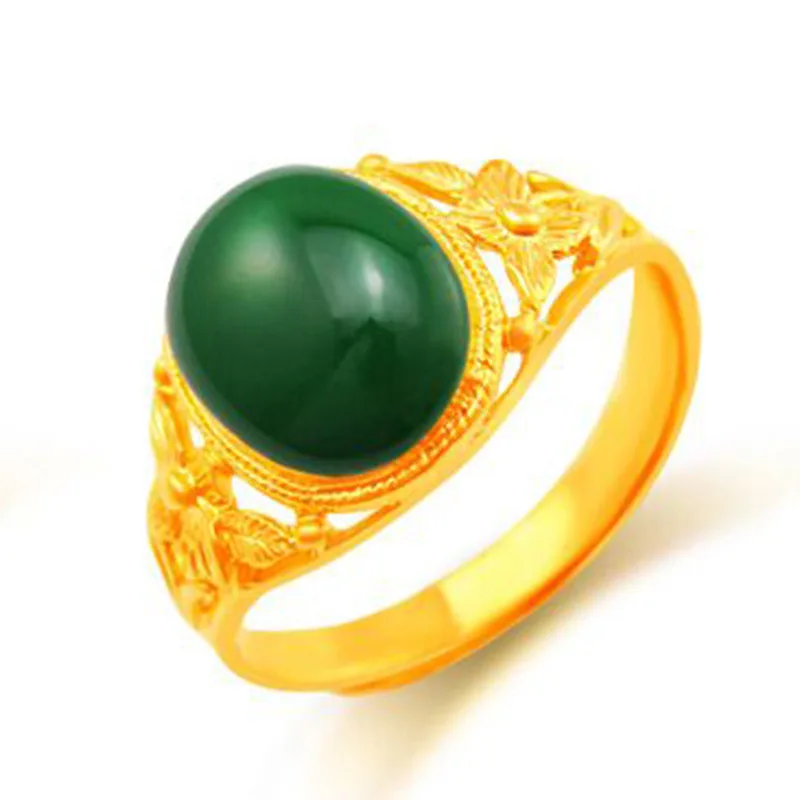 OMHXFC Wholesale European Fashion Woman Girl Party Birthday Wedding Gift Green Vintage Egg Oil Drop 24KT Real Gold Ring RI160