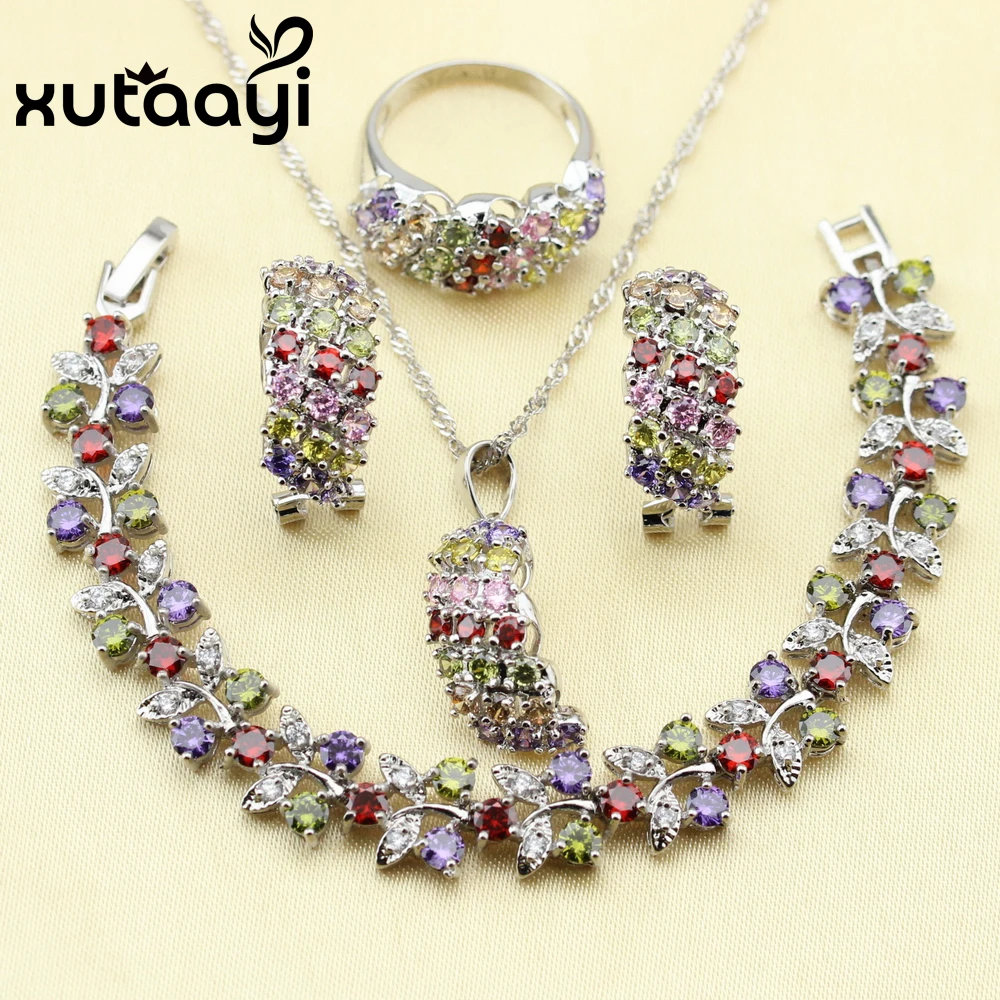 XUTAAYI 4PCS Jewelry Set  Sterling Silver Multicolor Stones Cubic Zirconia Earrings Ring Necklace Pendant Bracelet