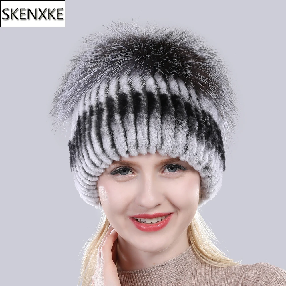 

2024 New Outdoor Good Elastic 100% Natural Rex Rabbit Fur Hat Women Winter Knitted Real Sliver Fox Fur Cap Lady Real Fur Hats