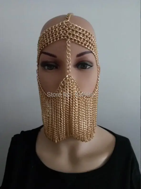 FREE SHIPPING NEW STYLE B734 Women Rock Harness Gold colour Chains Layers Face Head Mask Chains 3 Colors B734