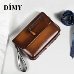 DIMY New Hand Patina Italian Calfskin Leather Clutch Men Handbags Genuine Leather Bags Document File Bag Flap Pocket Day Bag