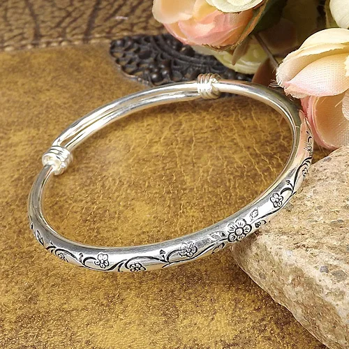 new Gypsy Bohemian Vintage Retro Silver Color Bangles Women Classic Handmade Tibetan Carved Plum Cuff Bracelets 6cm Diameter