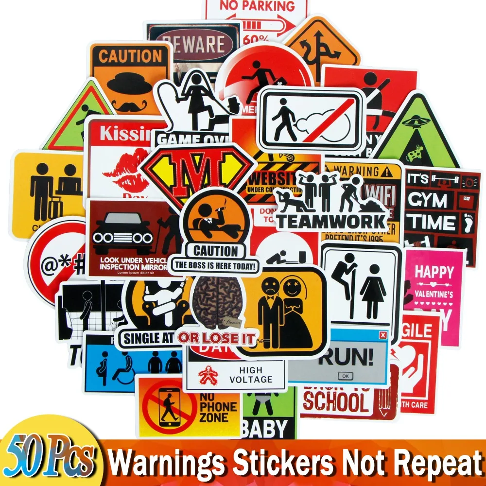 50Pcs adesivi segni pericolo avvertimento divieto promemoria Decor Sticker per auto fai da te Laptop moto valigia frigo chitarra Notebook