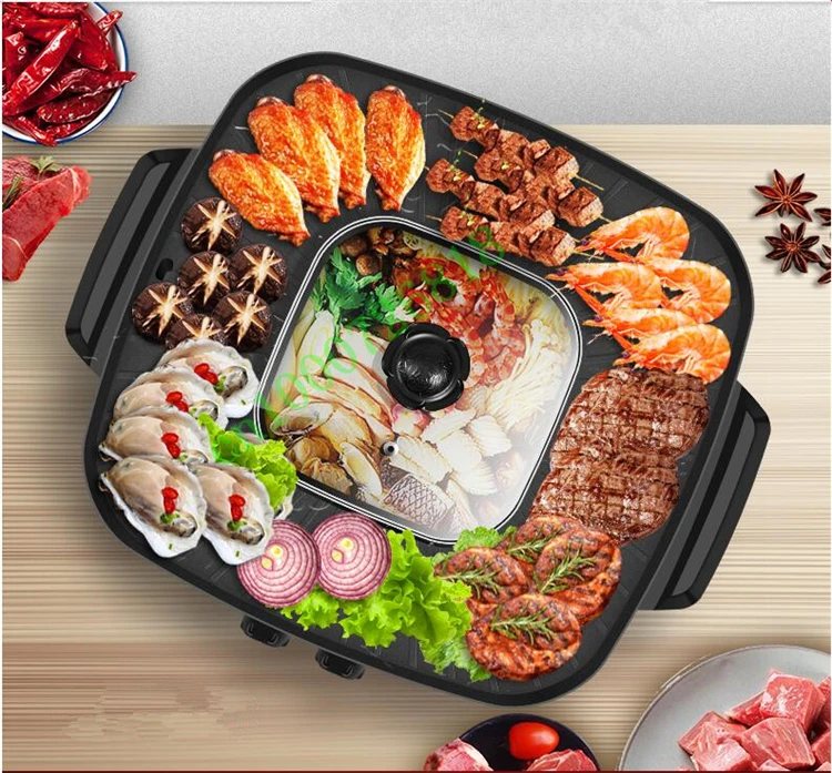 220V Household BBQ Non-stick Electric Barbecue Grill 2 In 1 Hot Pot & Meat Roast Grill Machine Big Capacity EU/AU/UK/US Plug