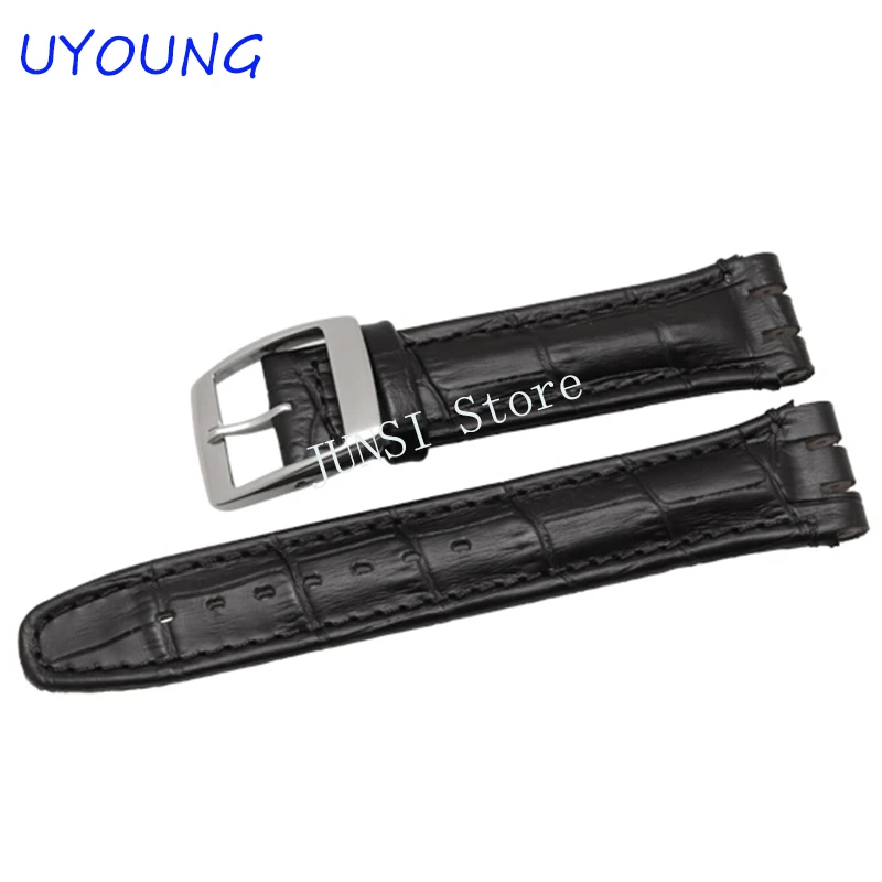 High Quality Luxury Black Brown 17mm 19mm Waterproof Genuine Leather Watch Strap Band For Swatch Alligator Pattern Leather Belt