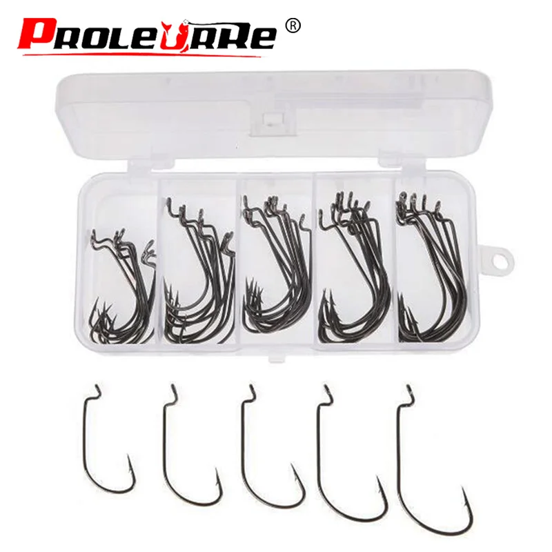 50pcs/box Wide Gap Worm Fishing Hooks Jig Crank Big Bass Hook Black High Carbon Steel Crank Barbed Hook for Soft Fishing Lure
