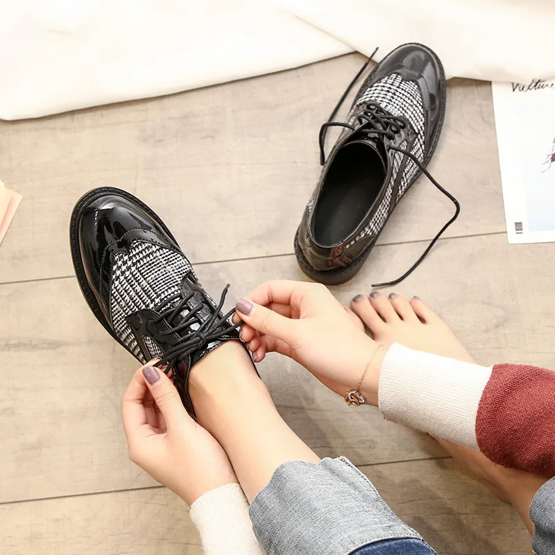 japanned leather plaid cross-tied oxford shoes woman creepers platform shoes female footware shoes retro leather derby shoes