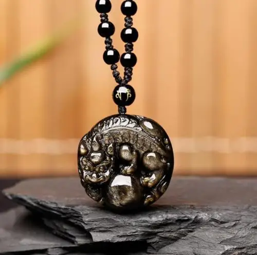 

Koraba Fine Jewelry Unique Natural Gold Obsidian Black Jade Pendant Chinese Dragon Pixiu Amulet Free Shipping