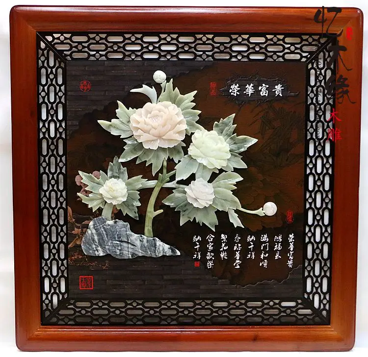 Dongyang wood carvings, jade carvings, murals, solid wood framed, modern living room decorative painting, three-dimensional reli