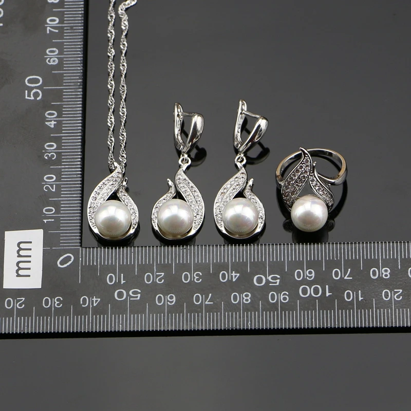 925 Sterling Silver Jewelry Sets Freshwater Pearls With White Beads Women Wedding Earrings/Pendant/Ring/Necklace Set