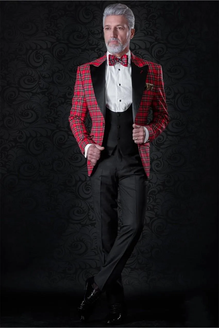 

Handsome Red plaid Groomsmen Peak Lapel Groom Tuxedos Men Suits Wedding/Prom Best Man Blazer ( Jacket+Pants+Tie+Vest) A167