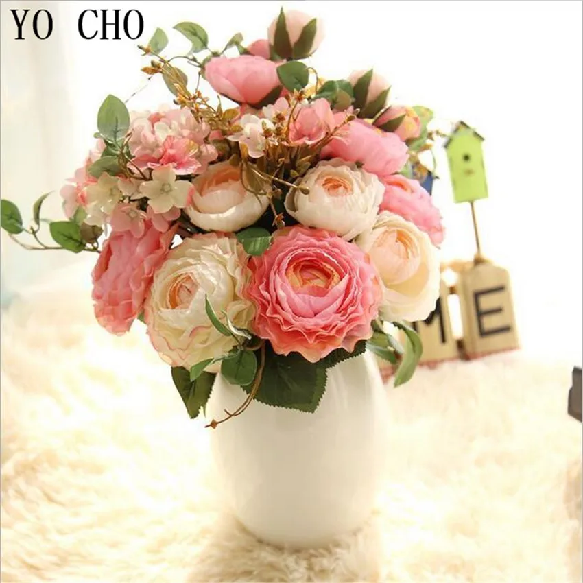 YO CHO Artificial Peony Silk Rose  Multilayer  Wedding Decoration  Hand Flower Bouquet  Home  Office  Garden Decoration  9 Heads