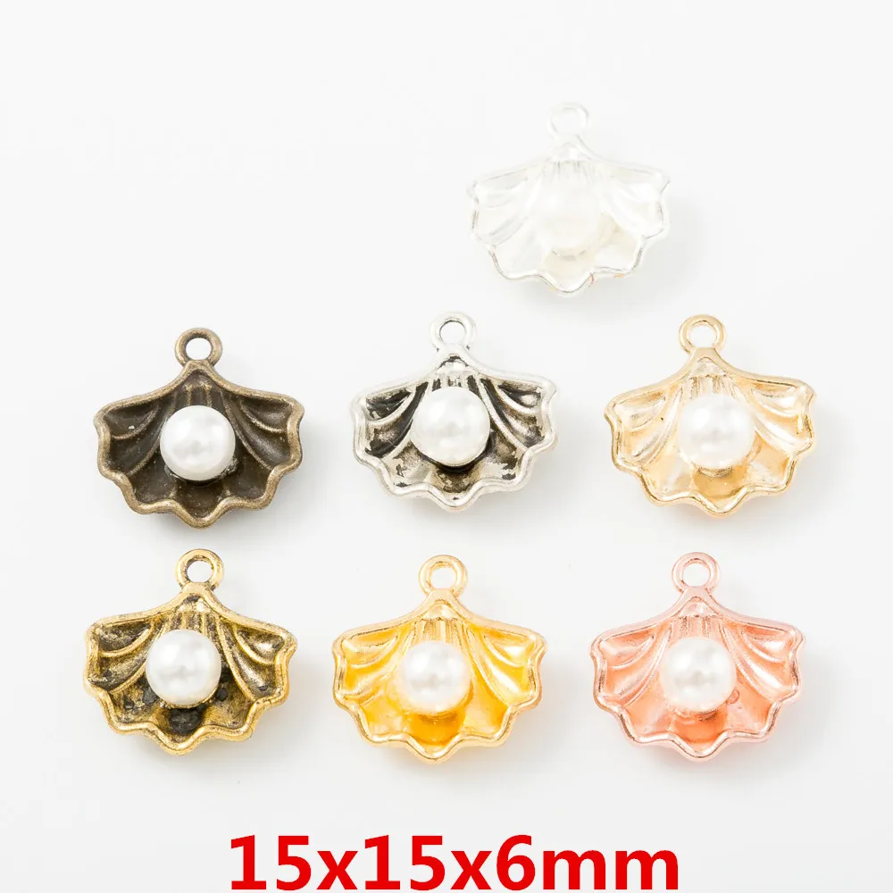 High quality 20 PCS/Lot 15*15mm antique silver plated brone rose gold color simulated pearl shell charms for jewelry making