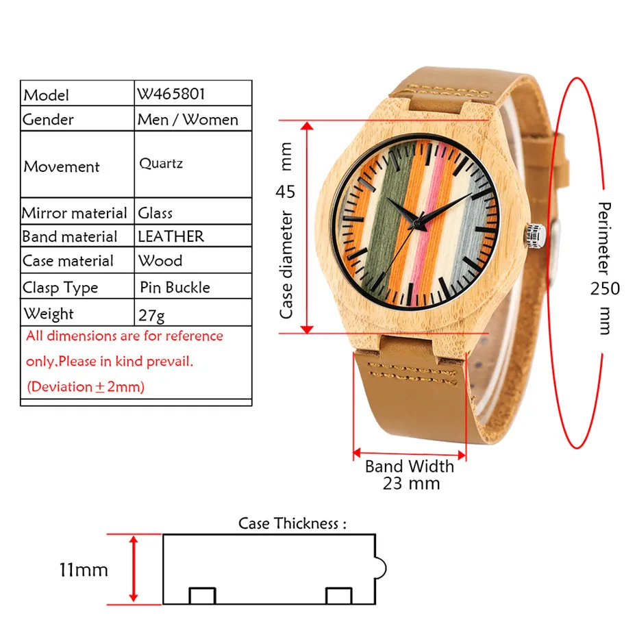 Reloj de madera con pantalla de 12 horas de rayas frescas, relojes de cuarzo para hombre, correa de reloj de cuero genuino marrón, reloj de madera de moda novedosa 2019