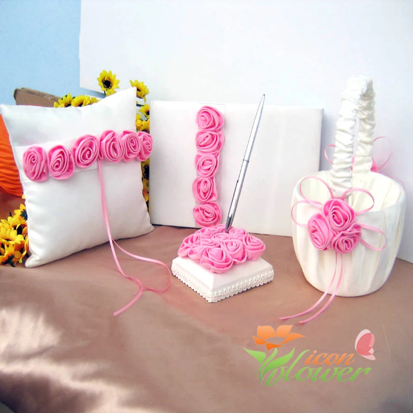 NL-Satin Ring Pillow Set, Flower Basket, Guest Book, Pen, Wedding Decoration, Bridal Product Supplies, New Fashion, NL, 4Pcs Set