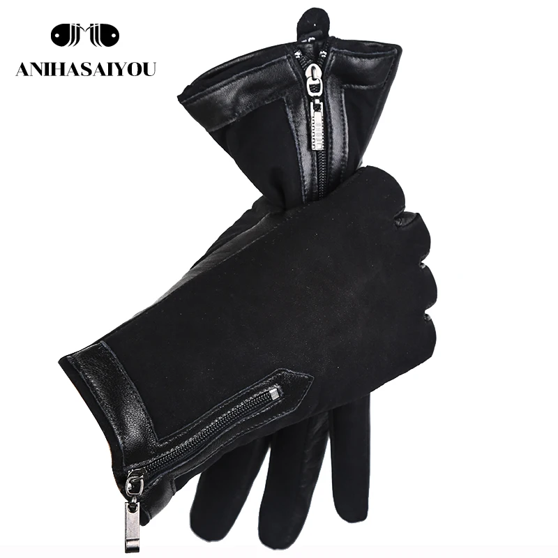 Zipper short women\'s leather gloves,High grade sheepskin women\'s winter gloves,Matte leather black women\'s gloves - 0716