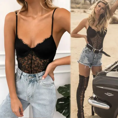 Women Sleeveless Lace Stretch V-Neck Leotard Bodycon Bodysuit Top 2019 Summer Jumpsuit Backless Leotard Bodies One Piece New