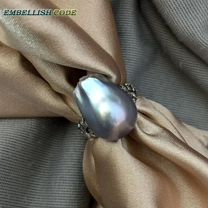 Adjustable size Resize baroque pearl 925 silver Ring simple classical gray Lustrous tissue nucleated fire ball flameball  women