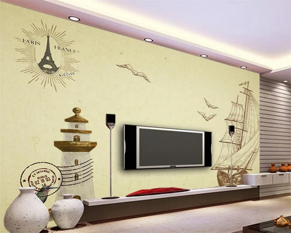 

Beibehang Custom wallpaper hand-painted Mediterranean navigation lighthouse TV background walls home decoration 3d wallpaper