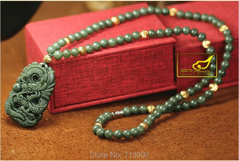 Wonderful Hanging spirit Dragon Pendant Amulet gray jade Mala Bead Necklace with Certificate