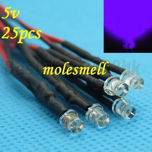 

25pcs 3mm 5v Flat Top Purple/UV LED Lamp Light Set Pre-Wired 3mm 5V DC Wired 3mm big/wide angle Purple 5v led