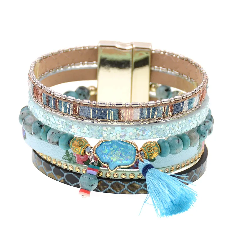 WELLMORE bohemia bracelets for women Leather bracelet natural stone beaded bracelets fashion jewelry women bracelets wholesale