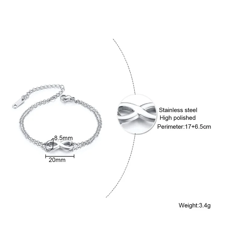 Vnox Temperament Infinity Charm Bracelets for Women Stainless Steel Link Chain Simple Elegant Female Party Jewelry Adjustable