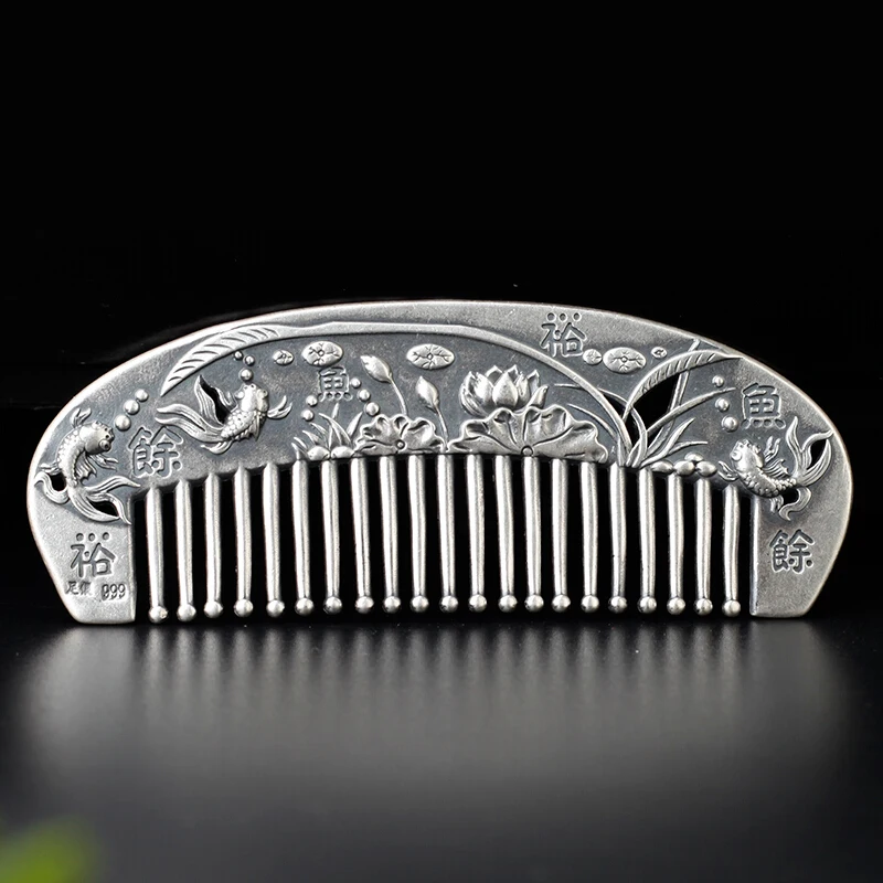 Silver Comb 999 Pure Silver Hand-made Retro-ancient Ethnic Fengxiangyun Fufu Hair Comb Gift To Mother And Girlfriend Lotus Fish