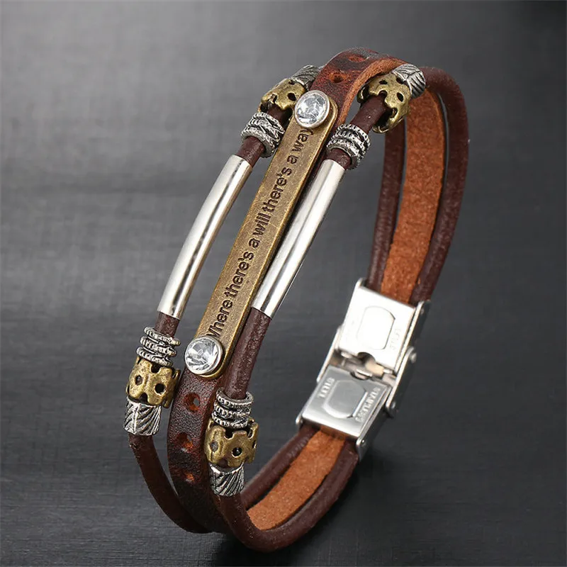 Newest Handmade Where There's Will There's a Way Genuine Leather Bracelets Men Charm Cuff Bangle Bracelet For Woman Jewerly Gift