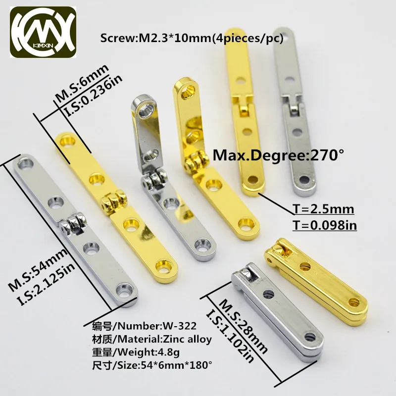 10pcs 54*6mm KIMXIN sales High quality 180degree Flat open hinges for jewlerycase Woodenbox zinc alloy hinge With screw W-322