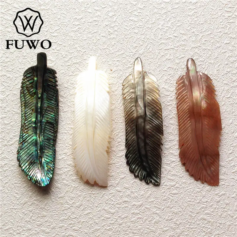 FUWO Hand Carved Feather Shell Pendant Natural Mother of Pearl Shell Charm Fashion Jewelry making Supplies Wholesale S004 3inch